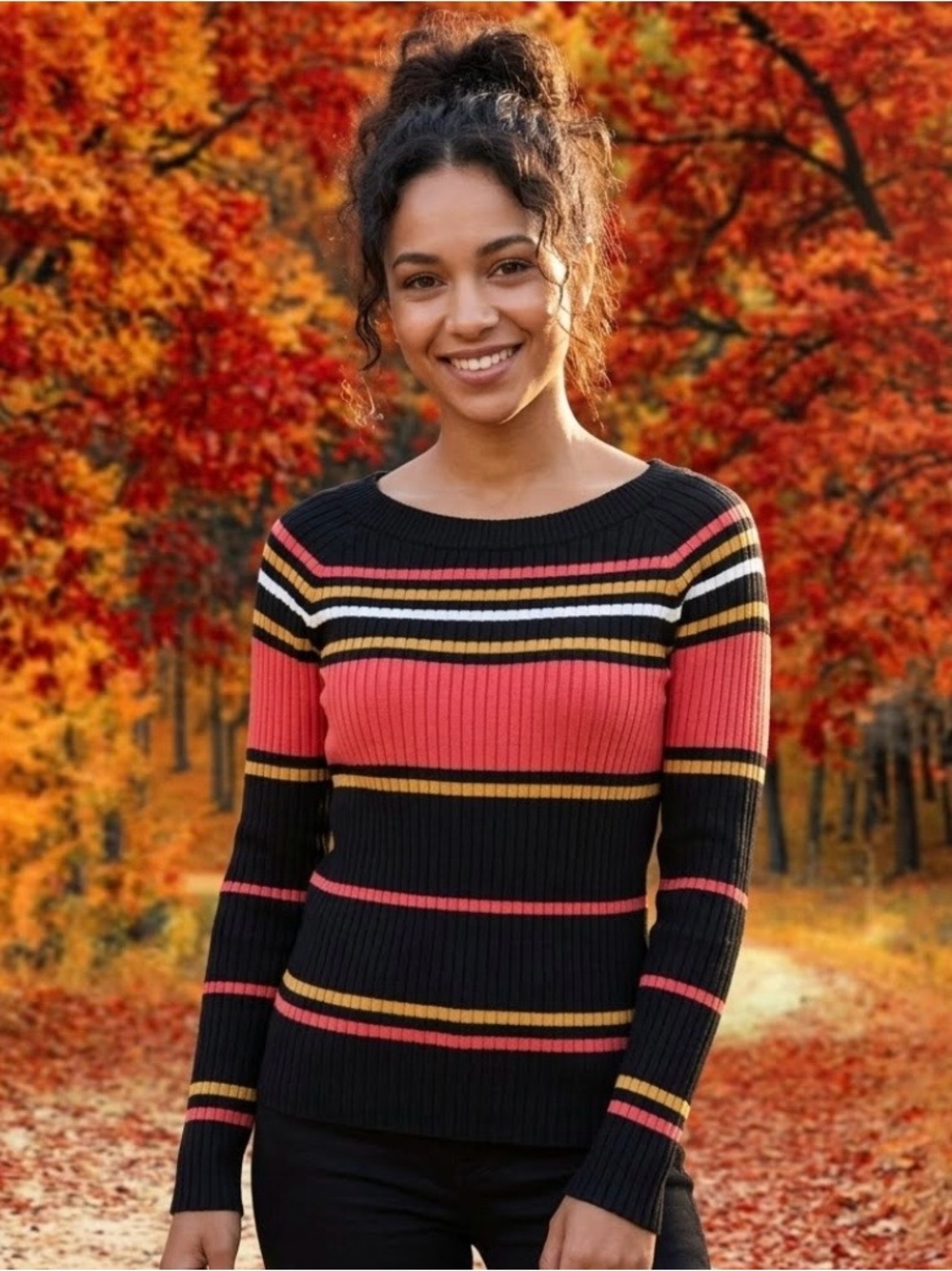Crew/Boat Neck Striped Ribbed Sweater